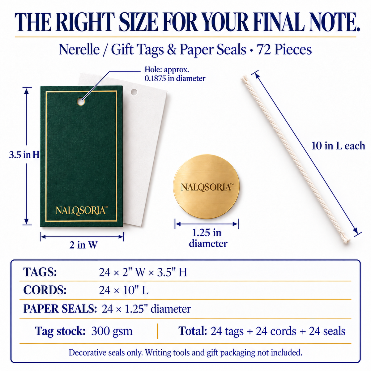 NALQSORIA™ Nerelle Gift Tags & Envelope Seals Set — 24 Hang Tags, 24 Gold-Tone Stickers & 24 Cords for Holiday Presents, Gift Bags & Party Packaging