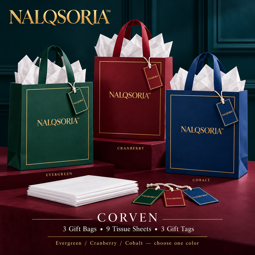 NALQSORIA™ Corven Medium Gift Bags with Tissue Paper — 3-Pack Decorative Paper Gift Bags with Ribbon Handles & Tags for Holidays, Birthdays & Host Gifts