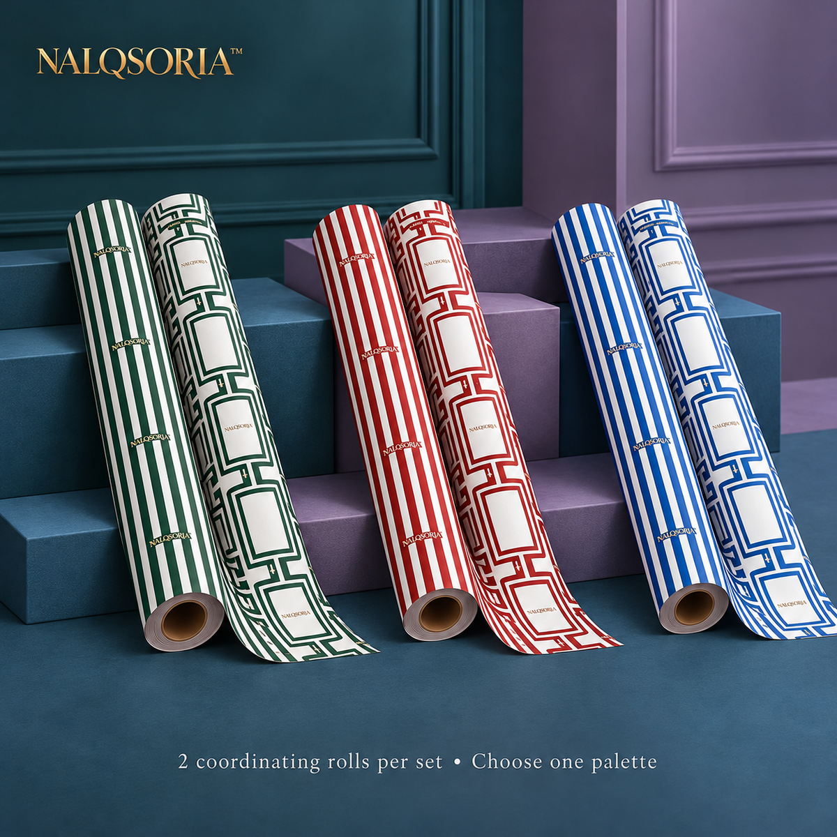NALQSORIA™ Rovelle Holiday Wrapping Paper Set — 2 Rolls of Coordinating Gift Wrap with Cutting Grids for Christmas, Birthdays & Special Occasions, 50 Sq Ft Total