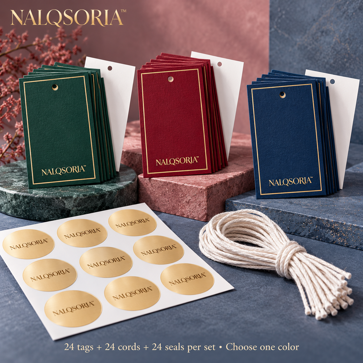 NALQSORIA™ Nerelle Gift Tags & Envelope Seals Set — 24 Hang Tags, 24 Gold-Tone Stickers & 24 Cords for Holiday Presents, Gift Bags & Party Packaging