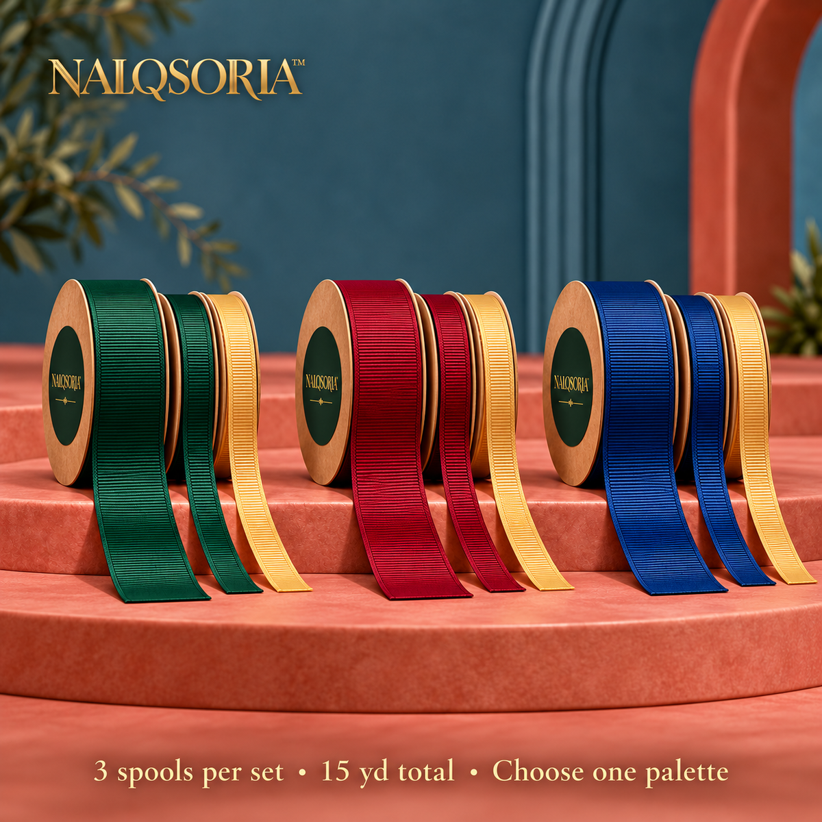 NALQSORIA™ Lioren Grosgrain Gift Ribbon Set — 3 Spools of Decorative Wrapping Ribbon in Two Widths, 15 Yards Total, for Holiday Gift Boxes, Bows & Crafts