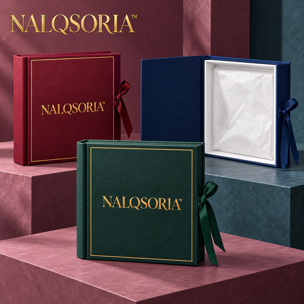 NALQSORIA™ Tessara Book-Style Gift Box — Hinged Keepsake Presentation Box with Ribbon Tie, Tissue Paper & Note Card for Holiday Gifts, Stationery & Accessories