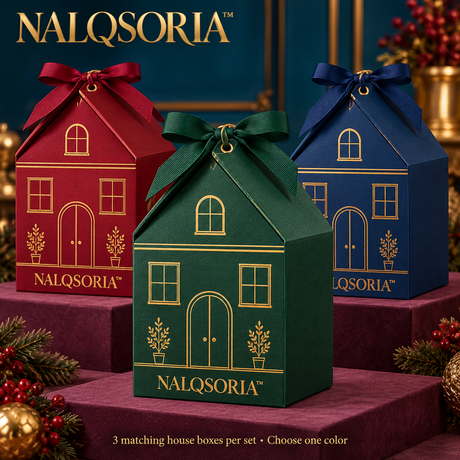 NALQSORIA™ Solven House-Shaped Gift Boxes — Set of 3 Decorative Holiday Favor Boxes with Roof Closures, Tissue Paper & Tags for Christmas Gift Packaging