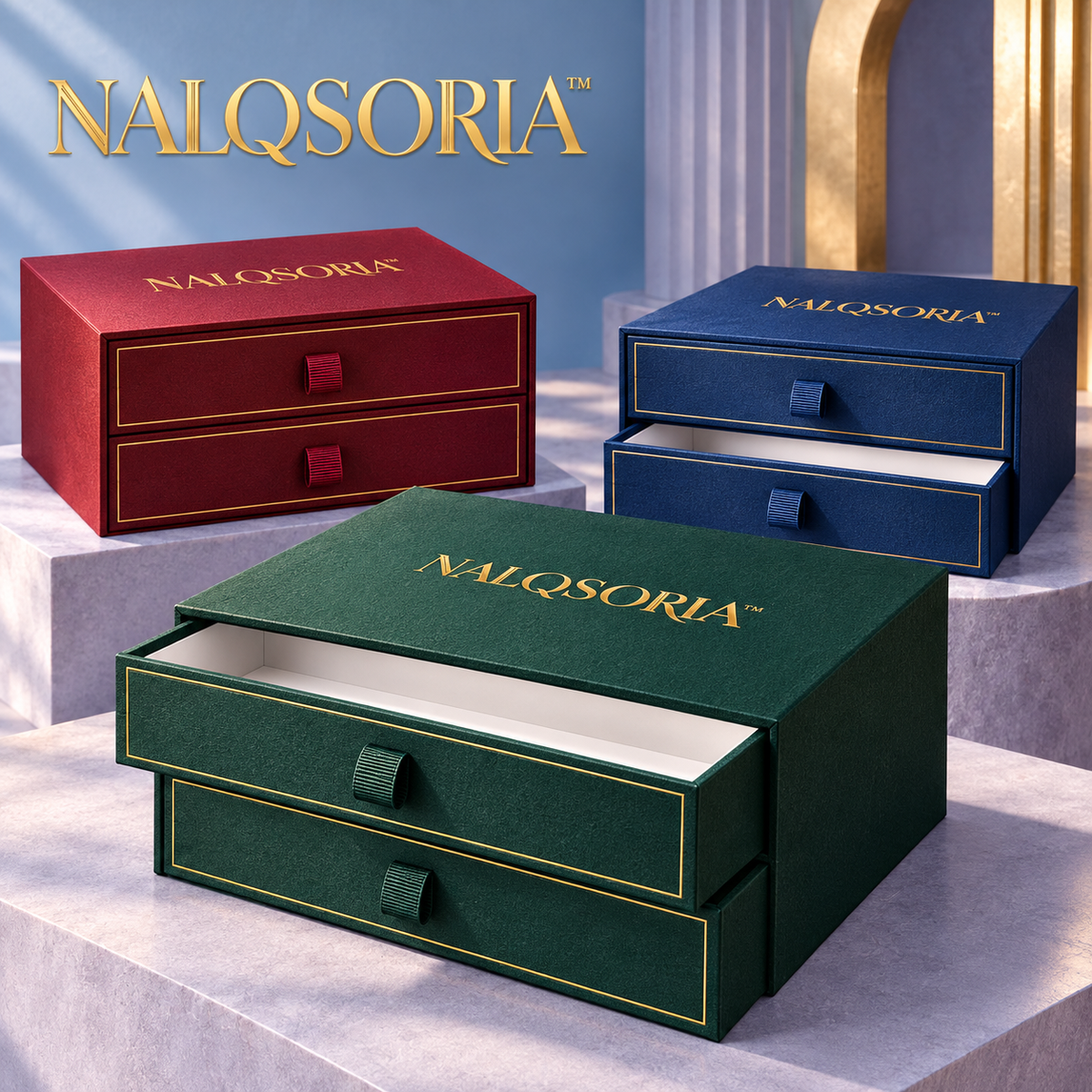 NALQSORIA™ Ordel Two-Drawer Gift Box — Decorative Keepsake Packaging with Ribbon Pulls, Tissue Paper & Message Cards for Jewelry, Accessories & Holiday Gifts