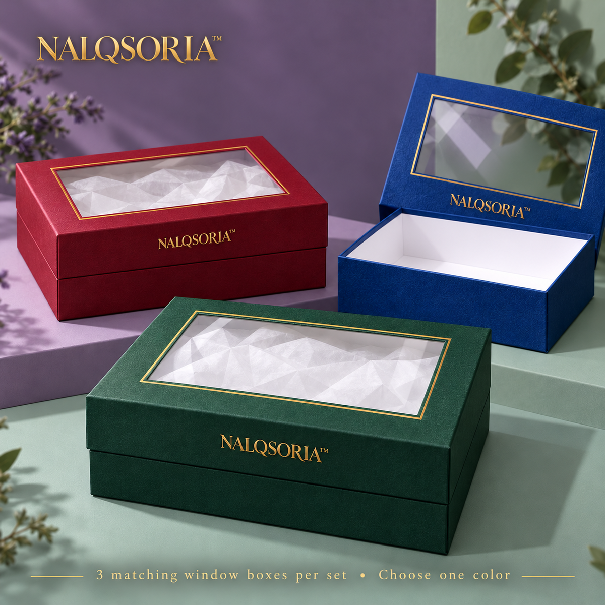 NALQSORIA™ Elvara Window Gift Boxes with Lids — 3-Pack Decorative Display Packaging with Clear Windows, Tissue Paper & Tags for Holiday Presents & Small Gift Sets