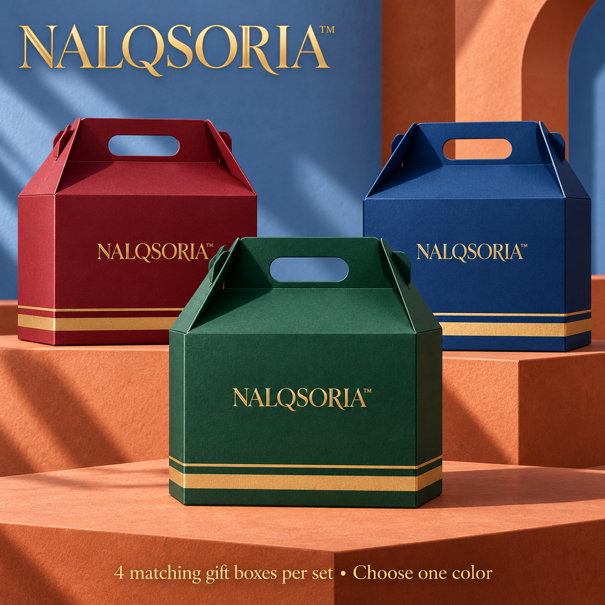 NALQSORIA™ Tavren Gable Gift Boxes with Handles — 4-Pack Folding Holiday Present Boxes with Tissue Paper & Gift Tags for Host Gifts, Parties & Small Gift Sets