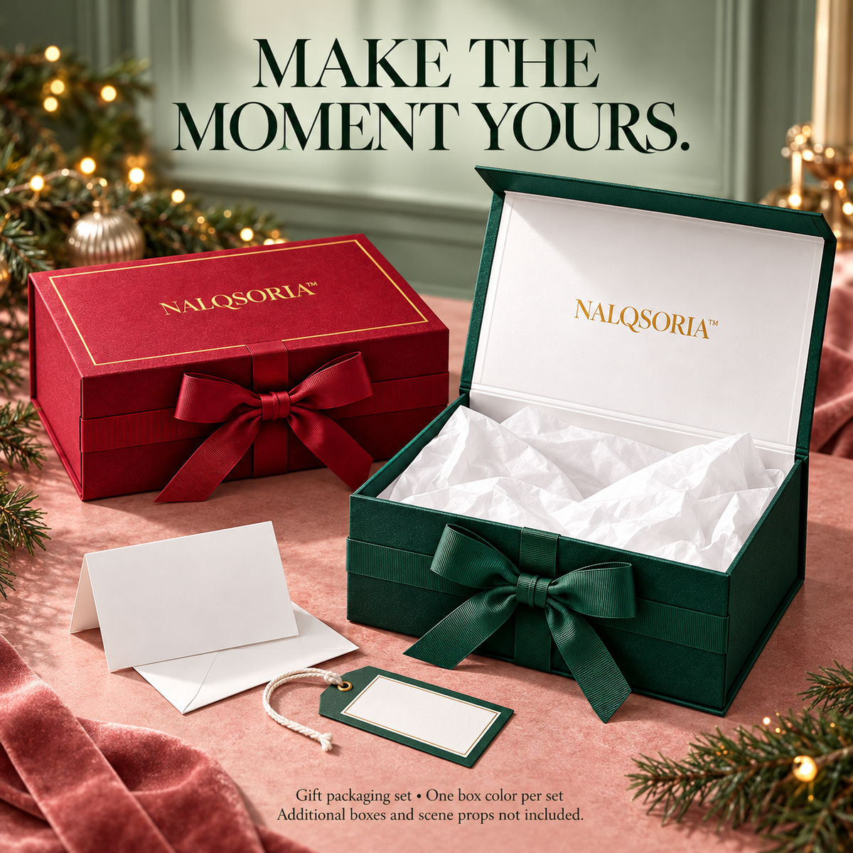 NALQSORIA™ Vellune Magnetic Gift Box with Ribbon — 10.5" Decorative Holiday Gift Packaging Set with Tissue Paper, Gift Tag & Note Card for Christmas, Birthdays & Special Occasions