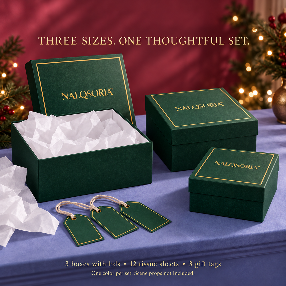 NALQSORIA™ Avelis Nesting Gift Boxes with Lids — Set of 3 Decorative Square Holiday Boxes in Graduated Sizes for Christmas, Birthdays & Keepsake Storage
