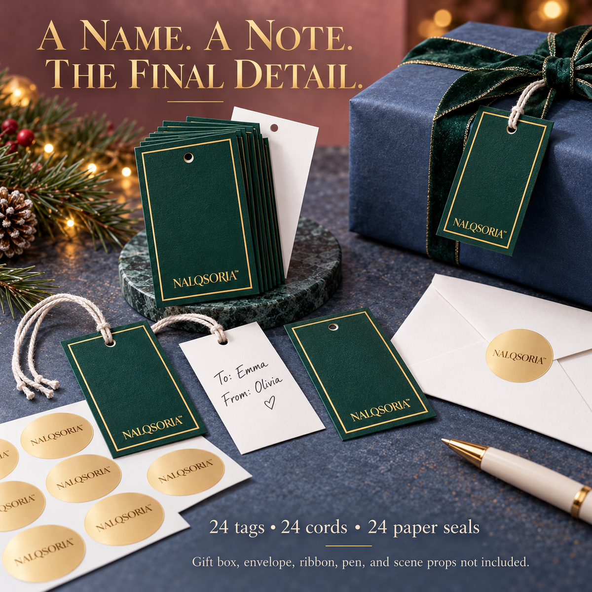 NALQSORIA™ Nerelle Gift Tags & Envelope Seals Set — 24 Hang Tags, 24 Gold-Tone Stickers & 24 Cords for Holiday Presents, Gift Bags & Party Packaging