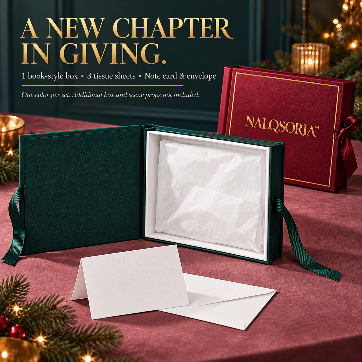 NALQSORIA™ Tessara Book-Style Gift Box — Hinged Keepsake Presentation Box with Ribbon Tie, Tissue Paper & Note Card for Holiday Gifts, Stationery & Accessories
