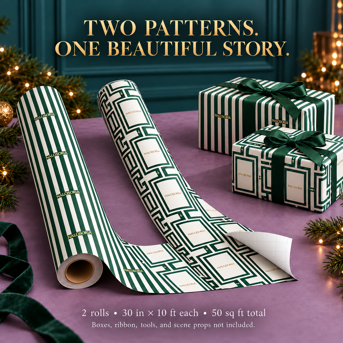 NALQSORIA™ Rovelle Holiday Wrapping Paper Set — 2 Rolls of Coordinating Gift Wrap with Cutting Grids for Christmas, Birthdays & Special Occasions, 50 Sq Ft Total