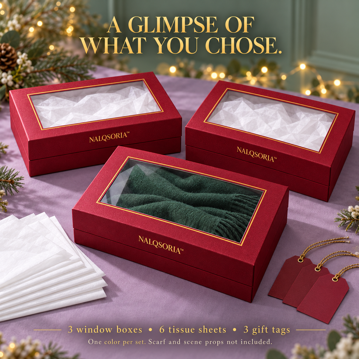 NALQSORIA™ Elvara Window Gift Boxes with Lids — 3-Pack Decorative Display Packaging with Clear Windows, Tissue Paper & Tags for Holiday Presents & Small Gift Sets