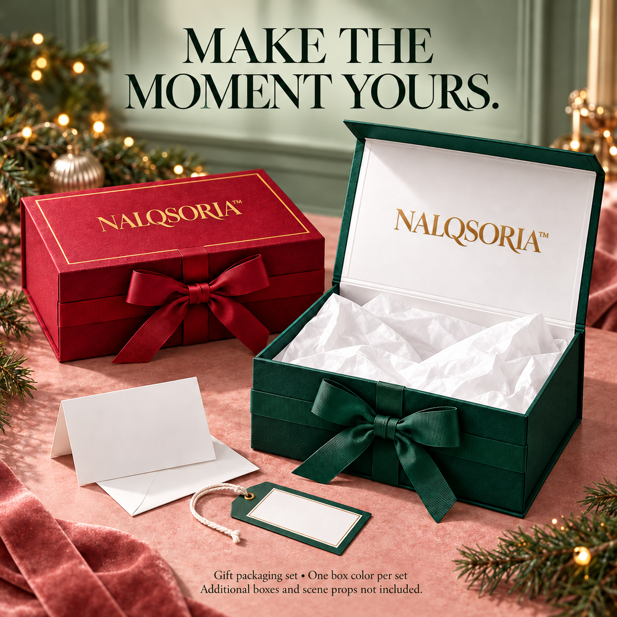 NALQSORIA™ Vellune Magnetic Gift Box with Ribbon — 10.5" Decorative Holiday Gift Packaging Set with Tissue Paper, Gift Tag & Note Card for Christmas, Birthdays & Special Occasions