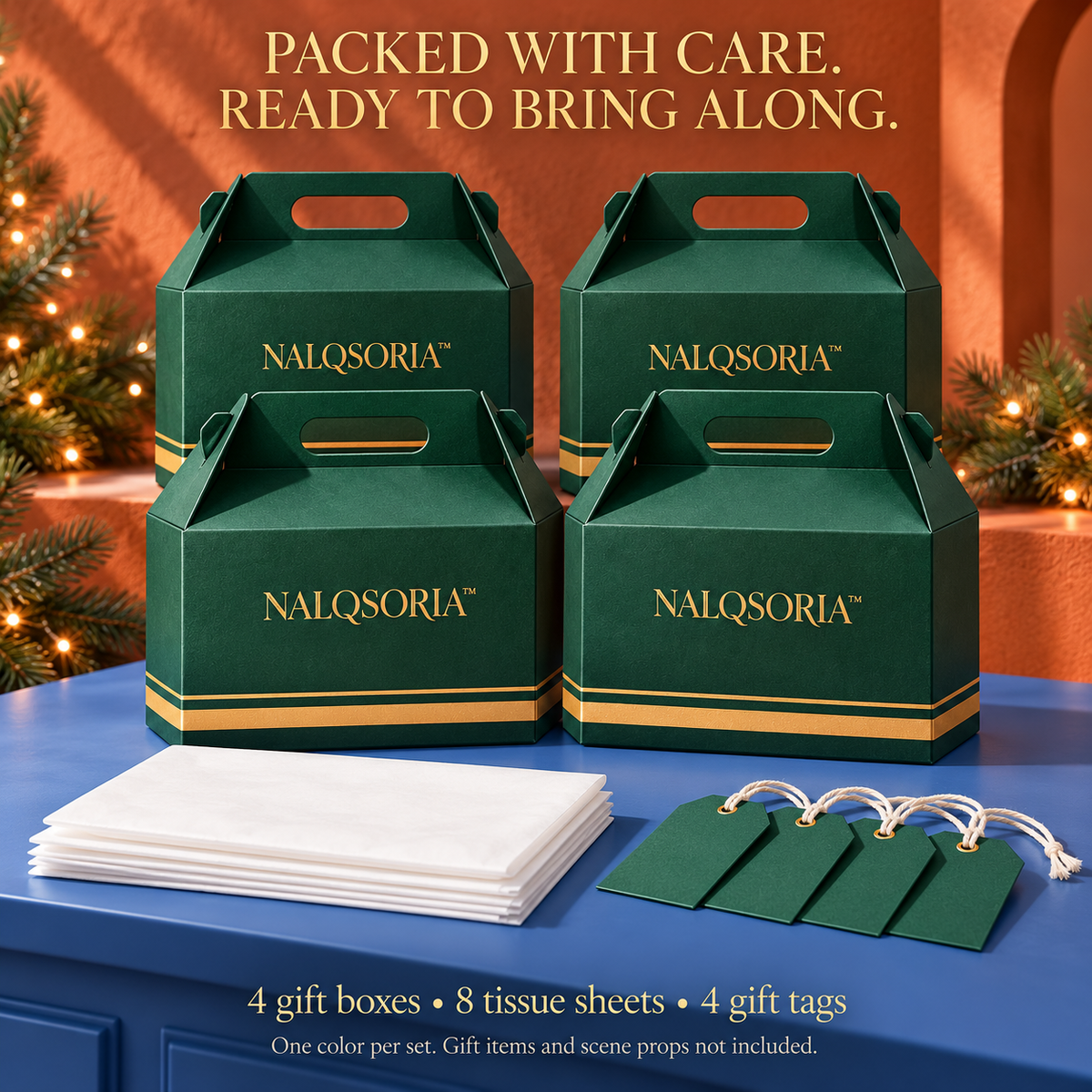 NALQSORIA™ Tavren Gable Gift Boxes with Handles — 4-Pack Folding Holiday Present Boxes with Tissue Paper & Gift Tags for Host Gifts, Parties & Small Gift Sets