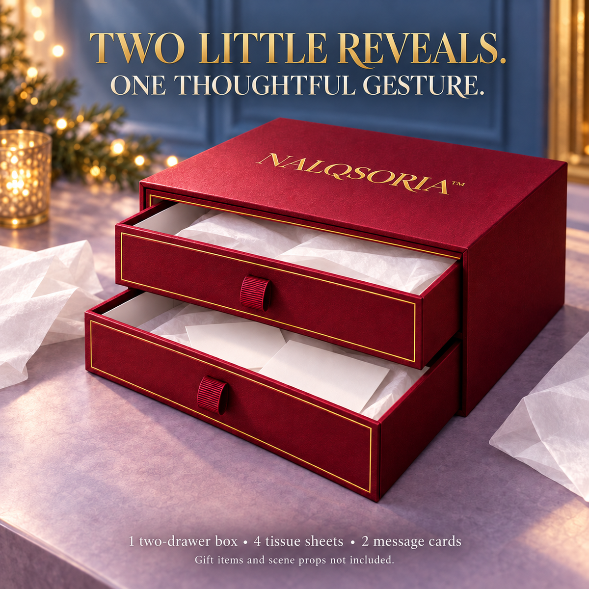 NALQSORIA™ Ordel Two-Drawer Gift Box — Decorative Keepsake Packaging with Ribbon Pulls, Tissue Paper & Message Cards for Jewelry, Accessories & Holiday Gifts