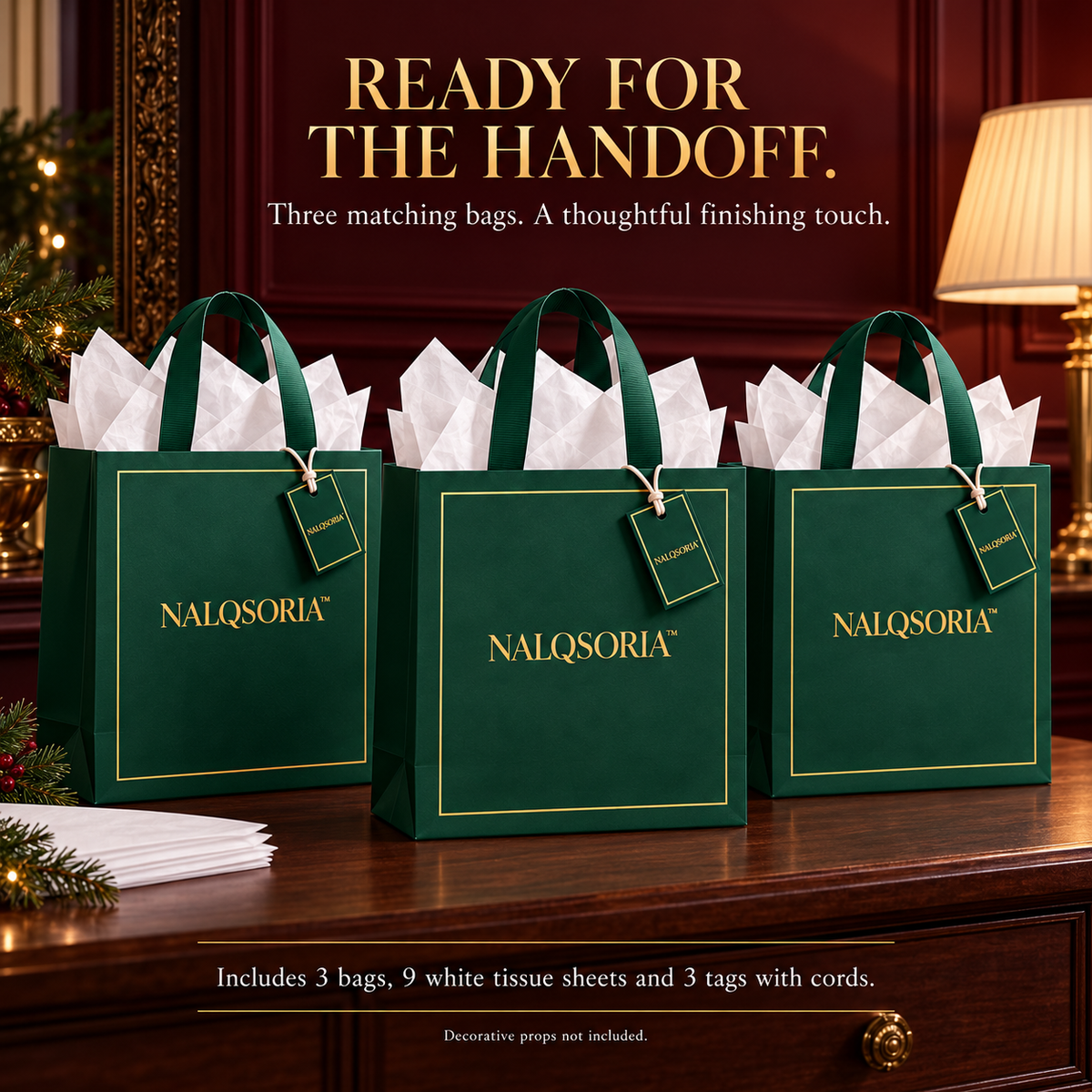 NALQSORIA™ Corven Medium Gift Bags with Tissue Paper — 3-Pack Decorative Paper Gift Bags with Ribbon Handles & Tags for Holidays, Birthdays & Host Gifts