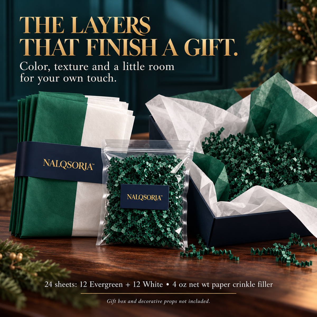 NALQSORIA™ Pavelle Tissue Paper & Crinkle Filler Set — 24 Gift Wrap Sheets with 4 oz Paper Shred for Holiday Gift Boxes, Bags & Decorative Gift Arrangements
