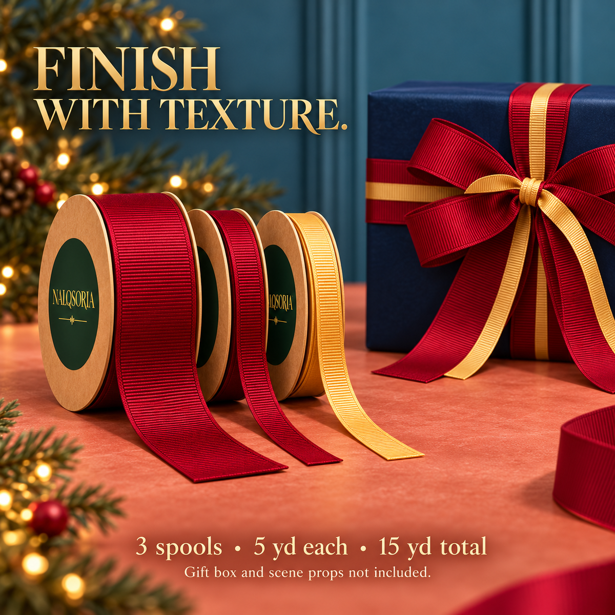 NALQSORIA™ Lioren Grosgrain Gift Ribbon Set — 3 Spools of Decorative Wrapping Ribbon in Two Widths, 15 Yards Total, for Holiday Gift Boxes, Bows & Crafts