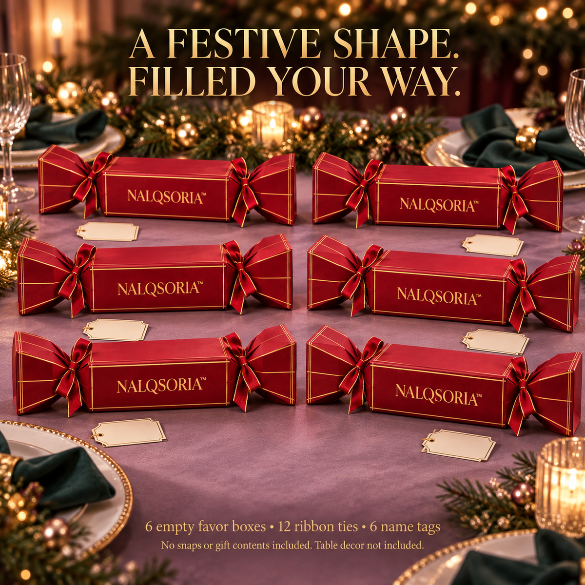 NALQSORIA™ Brinelle Cracker-Style Favor Boxes — 6-Pack Empty Holiday Table Gift Packaging with Ribbon Ties & Name Tags for Christmas Dinners & Parties