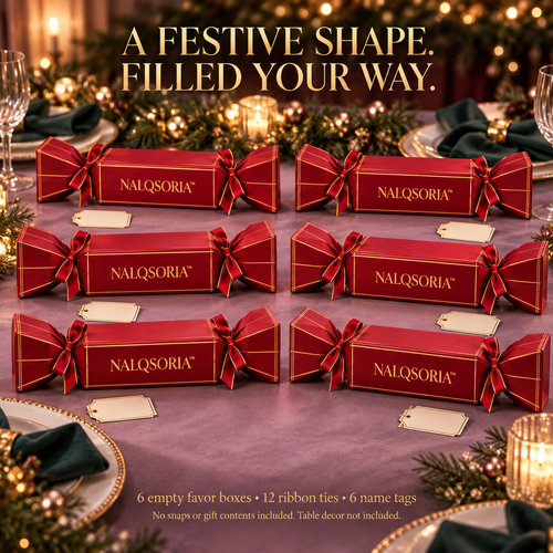 NALQSORIA™ Brinelle Cracker-Style Favor Boxes — 6-Pack Empty Holiday Table Gift Packaging with Ribbon Ties & Name Tags for Christmas Dinners & Parties