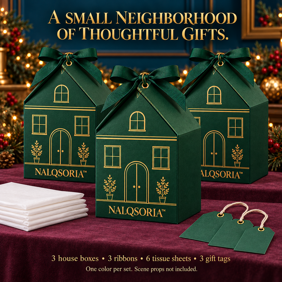 NALQSORIA™ Solven House-Shaped Gift Boxes — Set of 3 Decorative Holiday Favor Boxes with Roof Closures, Tissue Paper & Tags for Christmas Gift Packaging