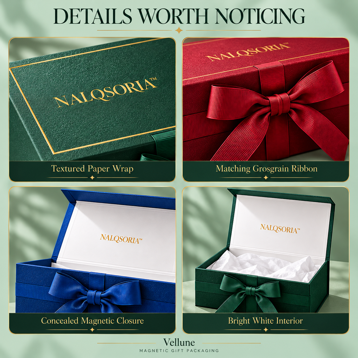 NALQSORIA™ Vellune Magnetic Gift Box with Ribbon — 10.5" Decorative Holiday Gift Packaging Set with Tissue Paper, Gift Tag & Note Card for Christmas, Birthdays & Special Occasions
