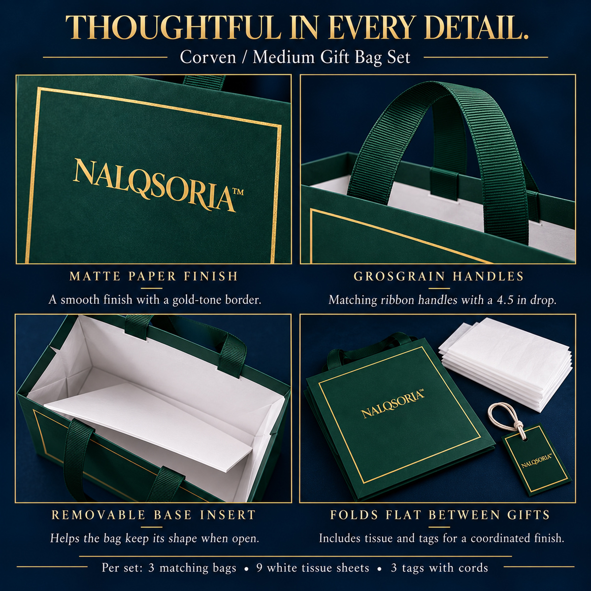 NALQSORIA™ Corven Medium Gift Bags with Tissue Paper — 3-Pack Decorative Paper Gift Bags with Ribbon Handles & Tags for Holidays, Birthdays & Host Gifts