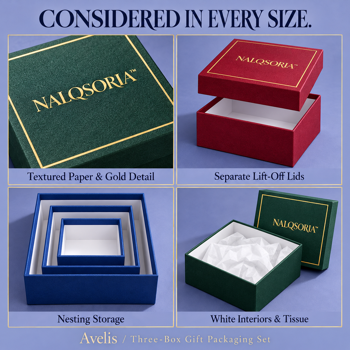 NALQSORIA™ Avelis Nesting Gift Boxes with Lids — Set of 3 Decorative Square Holiday Boxes in Graduated Sizes for Christmas, Birthdays & Keepsake Storage