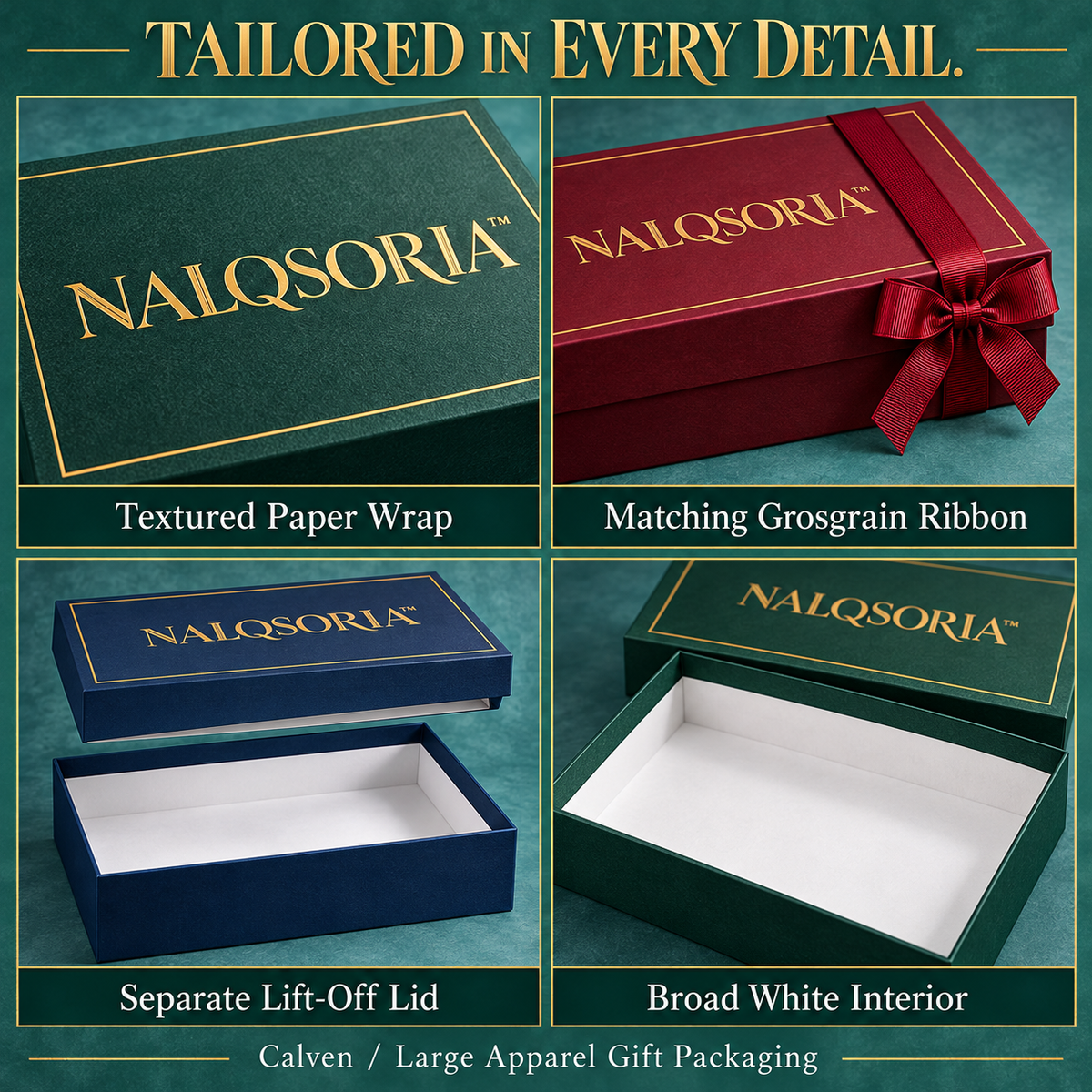 NALQSORIA™ Calven Large Apparel Gift Box with Lid — 14" Decorative Shirt & Scarf Packaging Set with Tissue Paper, Ribbon & Gift Tag for Holiday Presents