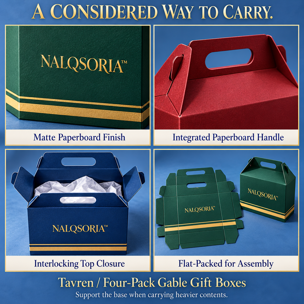 NALQSORIA™ Tavren Gable Gift Boxes with Handles — 4-Pack Folding Holiday Present Boxes with Tissue Paper & Gift Tags for Host Gifts, Parties & Small Gift Sets