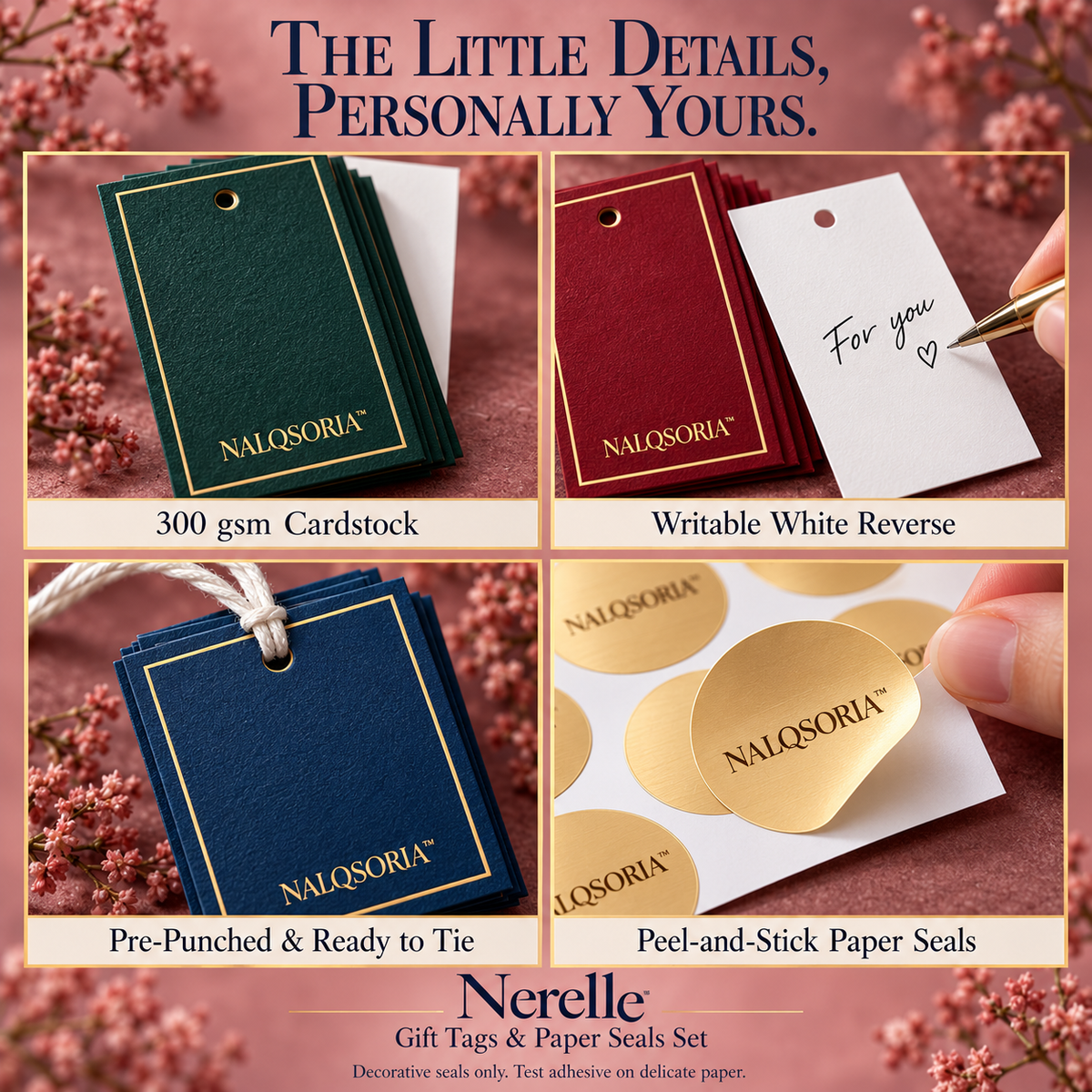 NALQSORIA™ Nerelle Gift Tags & Envelope Seals Set — 24 Hang Tags, 24 Gold-Tone Stickers & 24 Cords for Holiday Presents, Gift Bags & Party Packaging