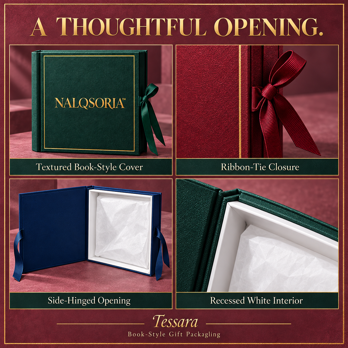 NALQSORIA™ Tessara Book-Style Gift Box — Hinged Keepsake Presentation Box with Ribbon Tie, Tissue Paper & Note Card for Holiday Gifts, Stationery & Accessories