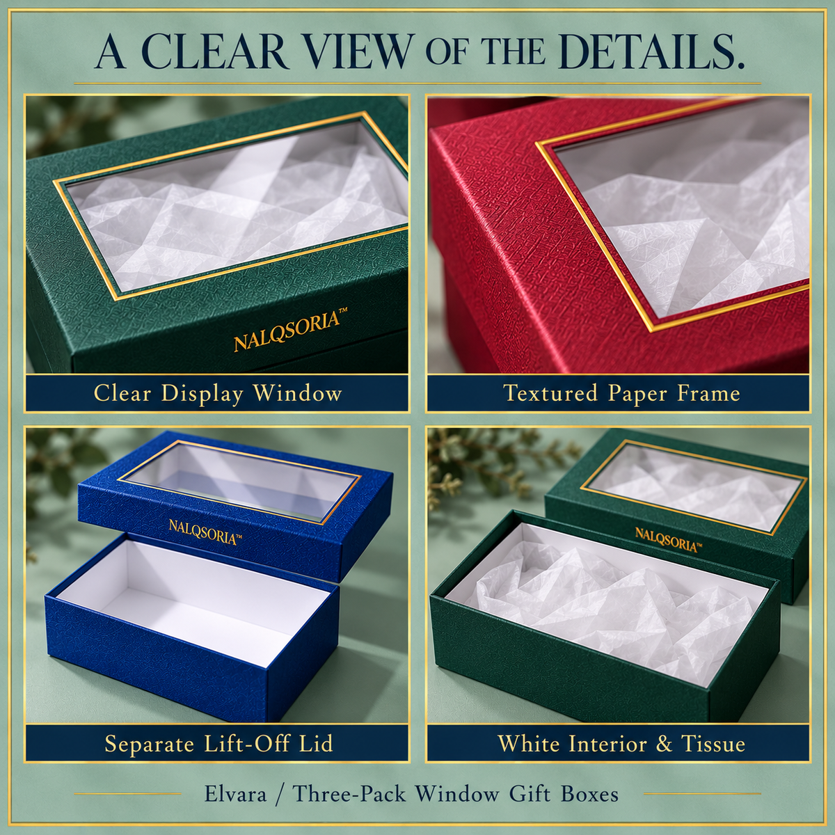 NALQSORIA™ Elvara Window Gift Boxes with Lids — 3-Pack Decorative Display Packaging with Clear Windows, Tissue Paper & Tags for Holiday Presents & Small Gift Sets