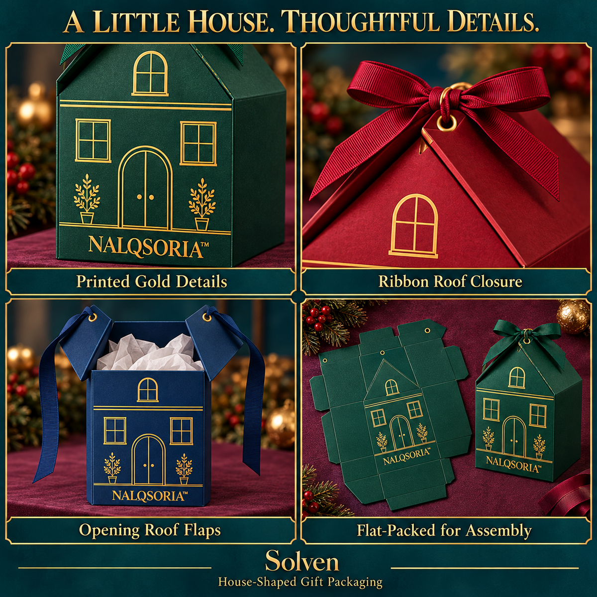 NALQSORIA™ Solven House-Shaped Gift Boxes — Set of 3 Decorative Holiday Favor Boxes with Roof Closures, Tissue Paper & Tags for Christmas Gift Packaging