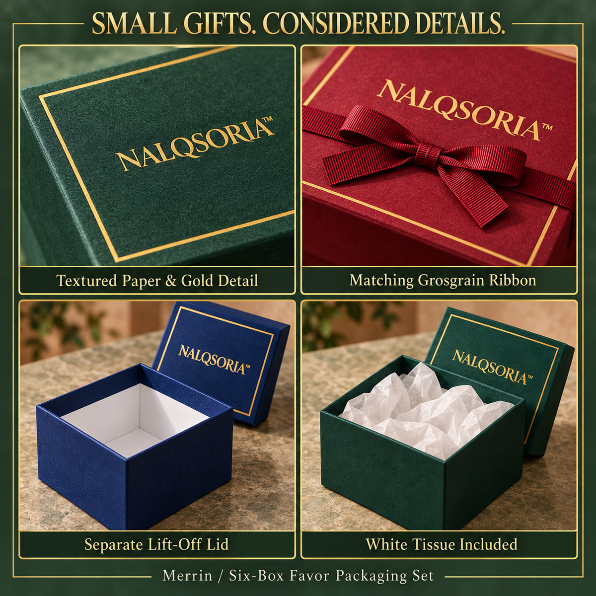 NALQSORIA™ Merrin Small Favor Boxes with Lids — 6-Pack Decorative Mini Gift Boxes with Ribbon & Tags for Holiday Parties, Weddings & Guest Gifts