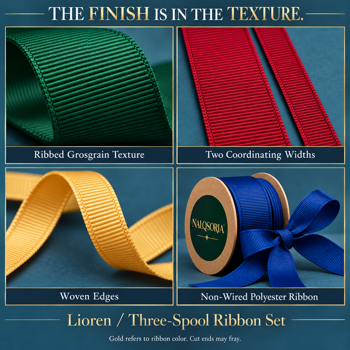 NALQSORIA™ Lioren Grosgrain Gift Ribbon Set — 3 Spools of Decorative Wrapping Ribbon in Two Widths, 15 Yards Total, for Holiday Gift Boxes, Bows & Crafts