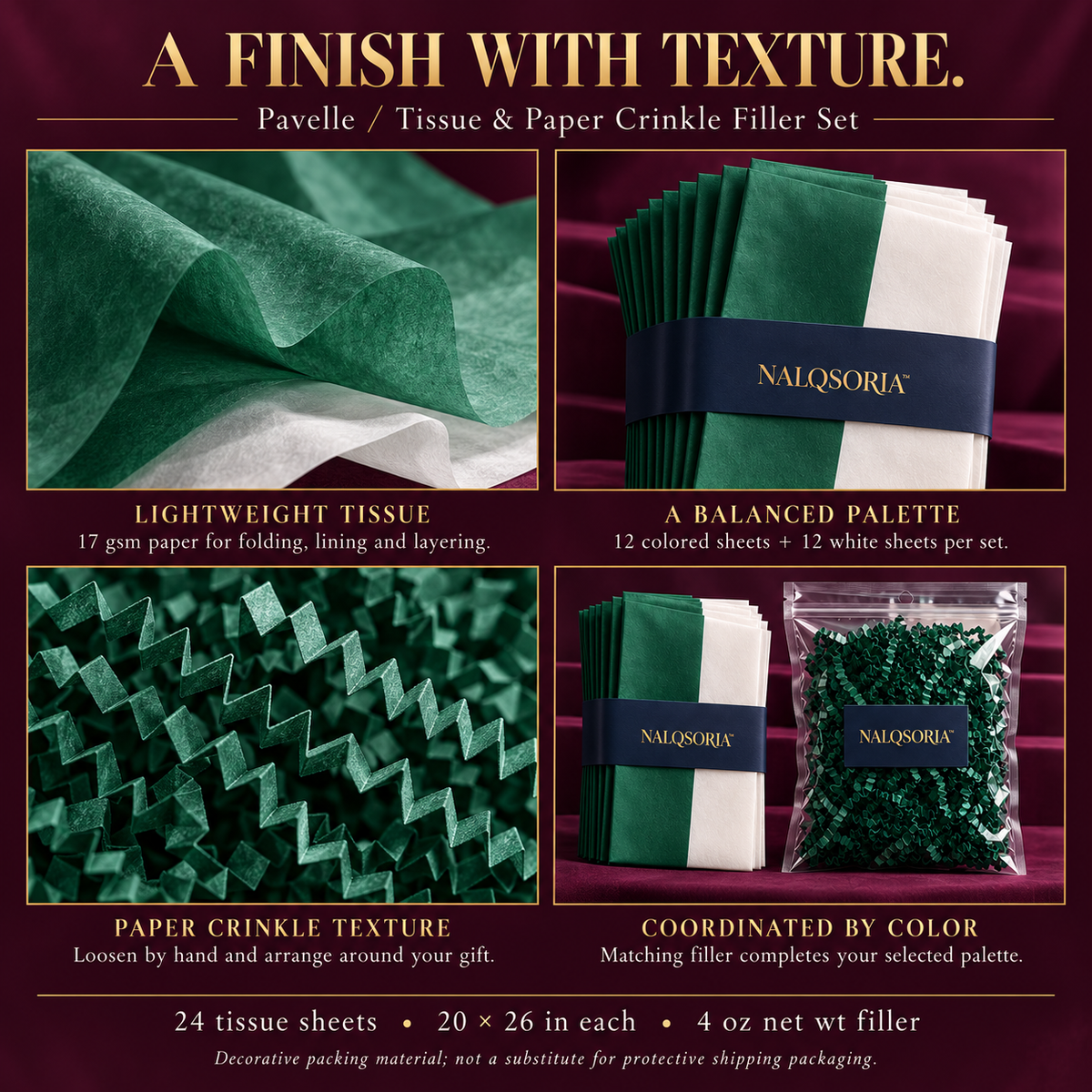 NALQSORIA™ Pavelle Tissue Paper & Crinkle Filler Set — 24 Gift Wrap Sheets with 4 oz Paper Shred for Holiday Gift Boxes, Bags & Decorative Gift Arrangements