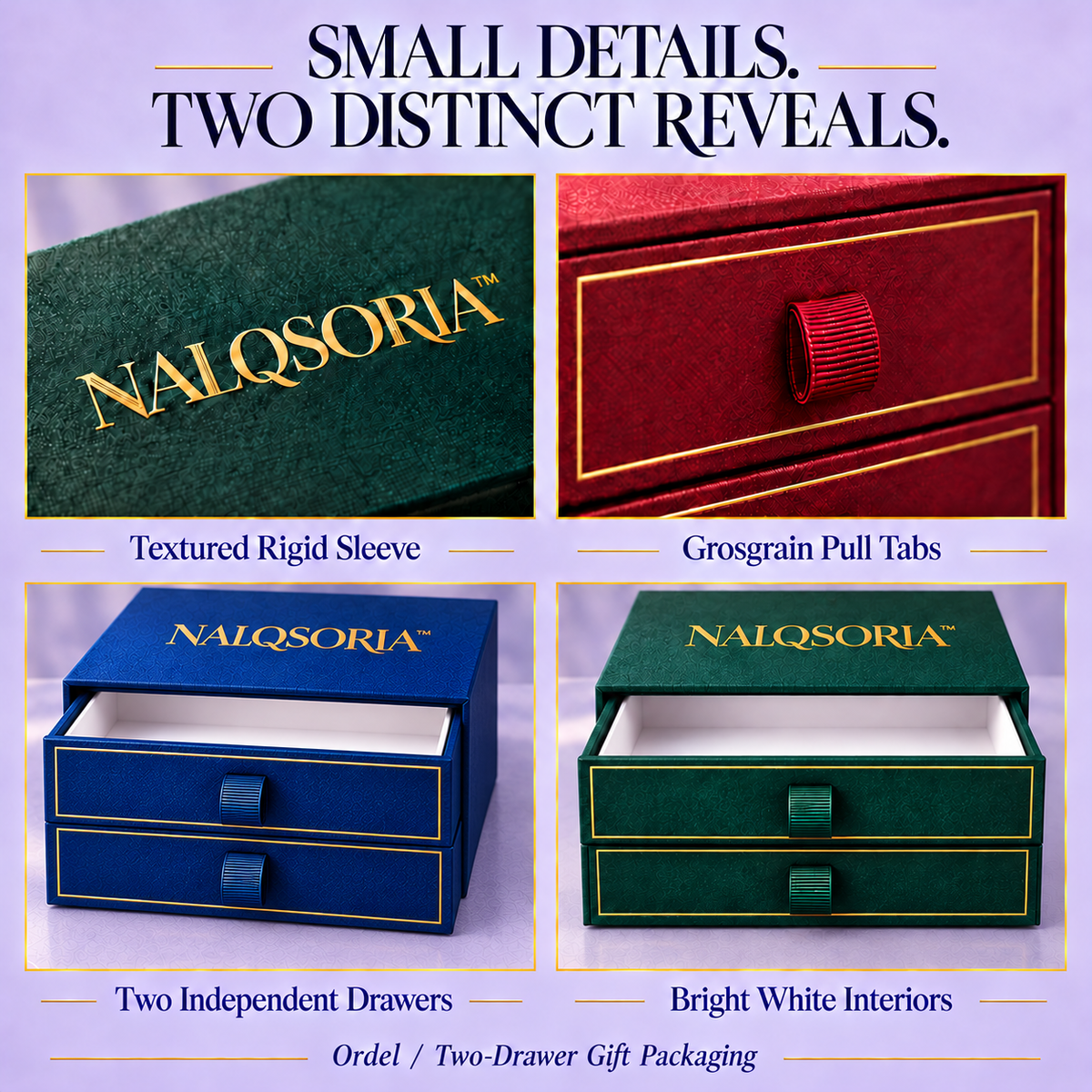 NALQSORIA™ Ordel Two-Drawer Gift Box — Decorative Keepsake Packaging with Ribbon Pulls, Tissue Paper & Message Cards for Jewelry, Accessories & Holiday Gifts