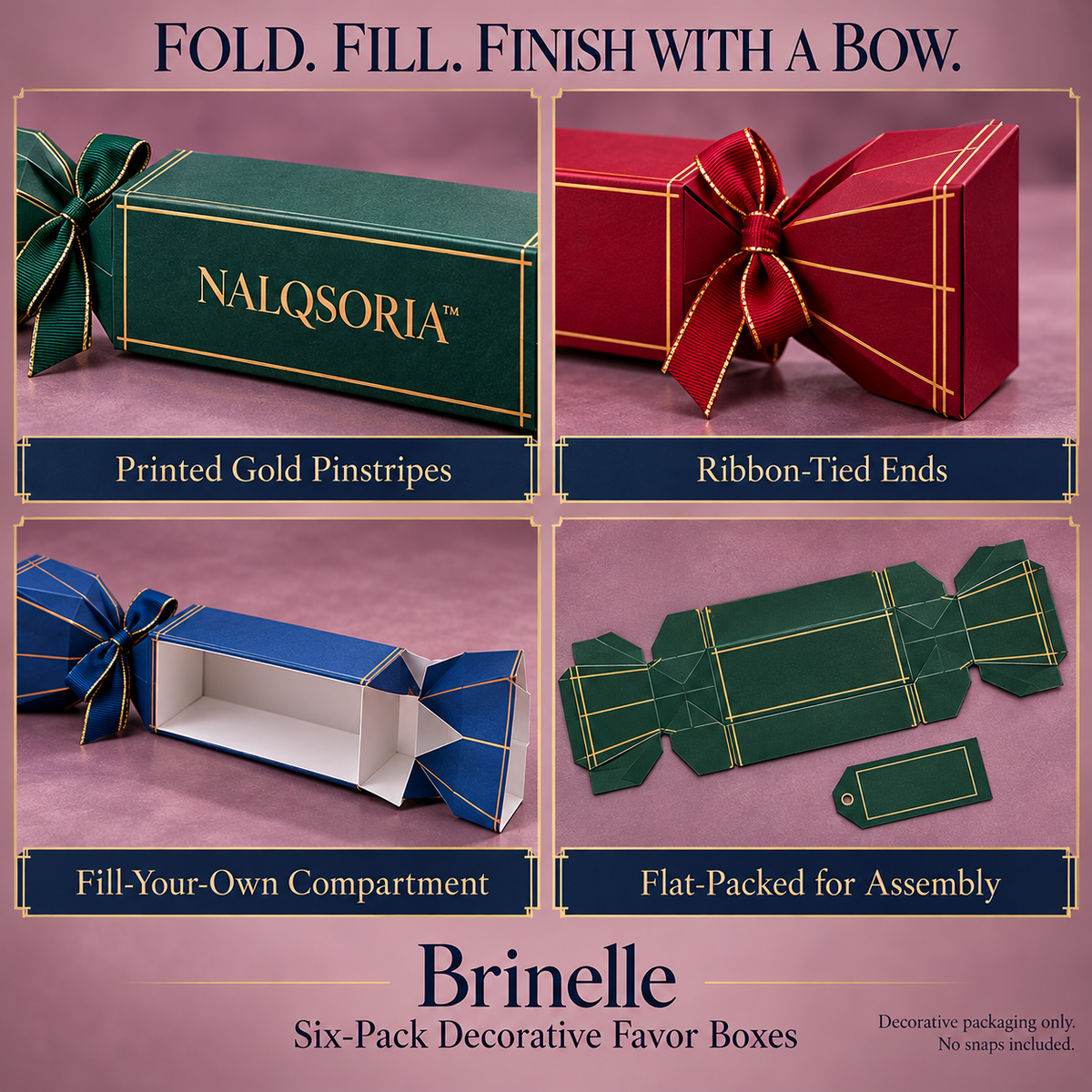NALQSORIA™ Brinelle Cracker-Style Favor Boxes — 6-Pack Empty Holiday Table Gift Packaging with Ribbon Ties & Name Tags for Christmas Dinners & Parties