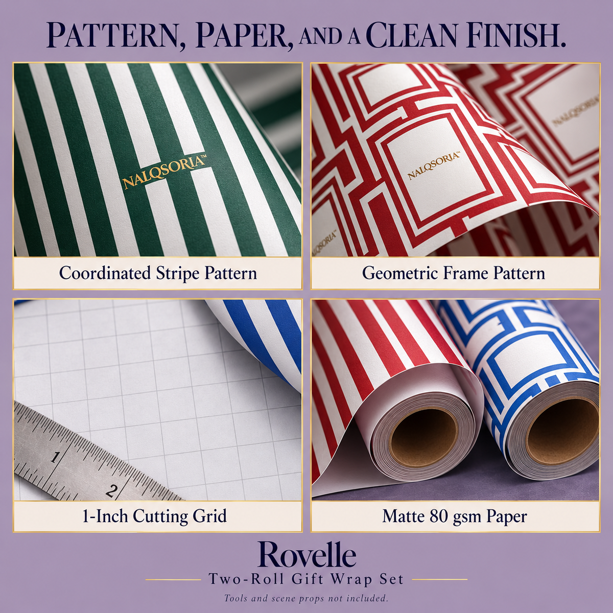 NALQSORIA™ Rovelle Holiday Wrapping Paper Set — 2 Rolls of Coordinating Gift Wrap with Cutting Grids for Christmas, Birthdays & Special Occasions, 50 Sq Ft Total