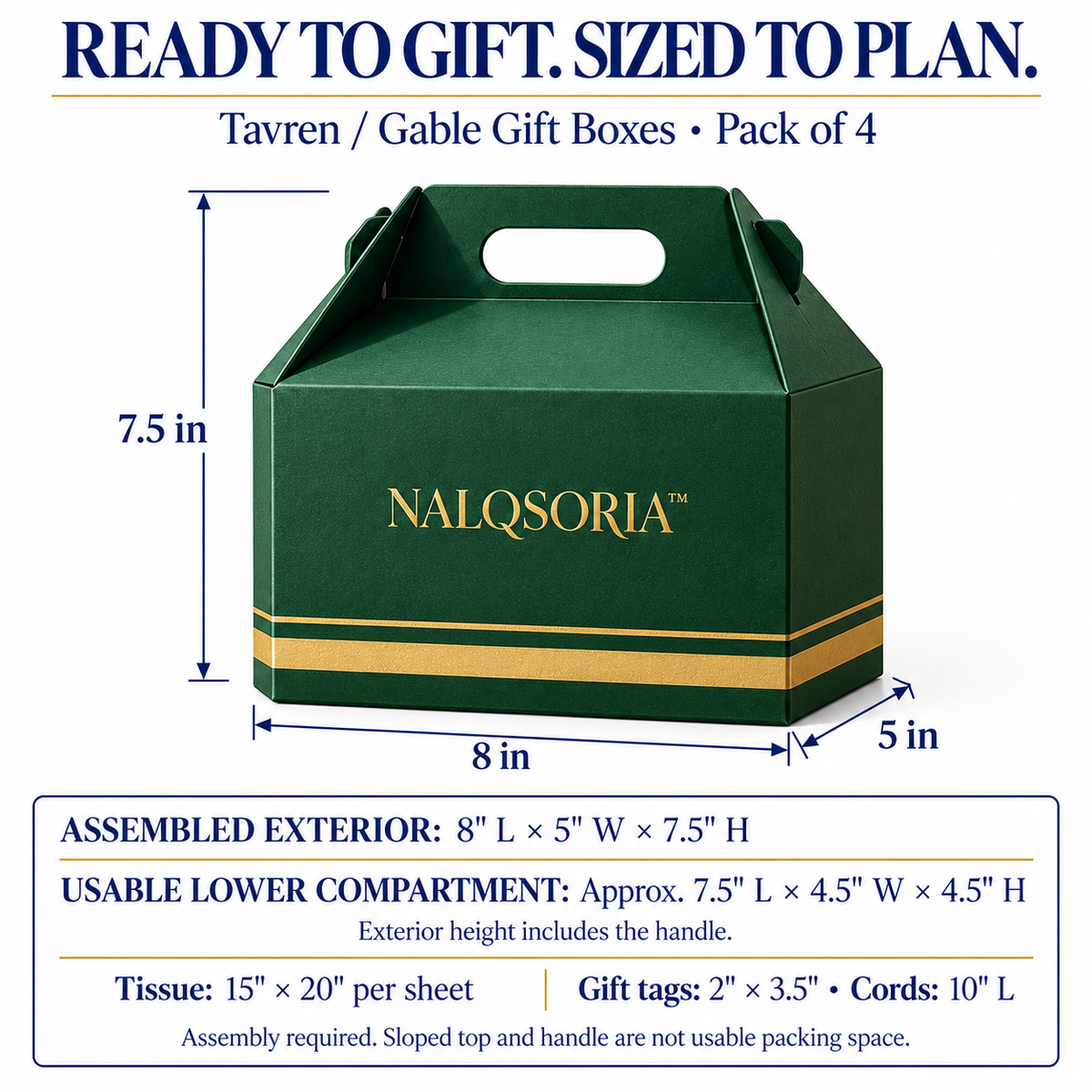 NALQSORIA™ Tavren Gable Gift Boxes with Handles — 4-Pack Folding Holiday Present Boxes with Tissue Paper & Gift Tags for Host Gifts, Parties & Small Gift Sets