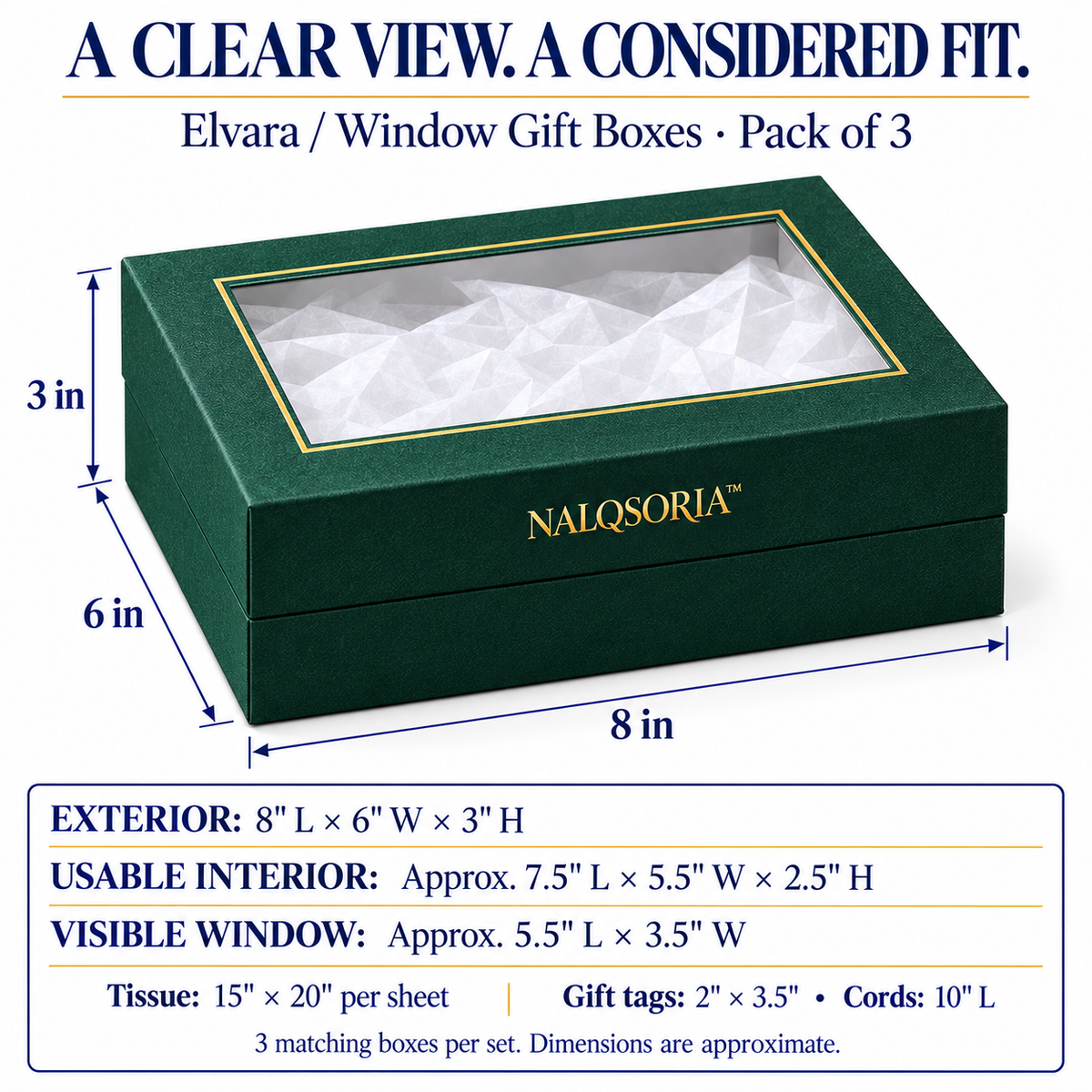 NALQSORIA™ Elvara Window Gift Boxes with Lids — 3-Pack Decorative Display Packaging with Clear Windows, Tissue Paper & Tags for Holiday Presents & Small Gift Sets