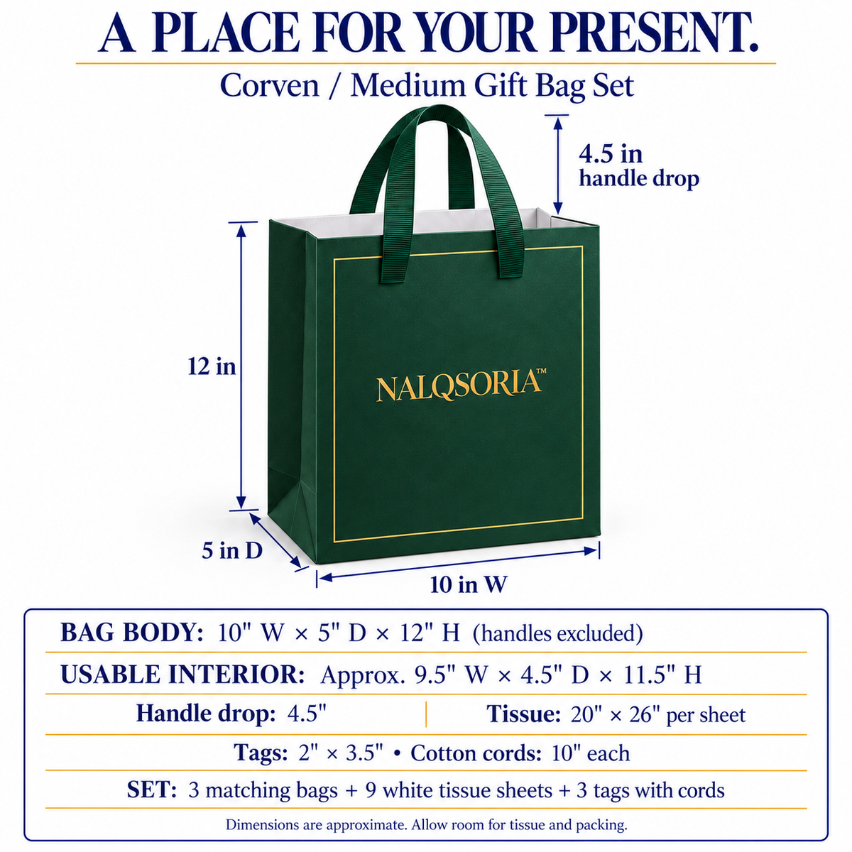 NALQSORIA™ Corven Medium Gift Bags with Tissue Paper — 3-Pack Decorative Paper Gift Bags with Ribbon Handles & Tags for Holidays, Birthdays & Host Gifts