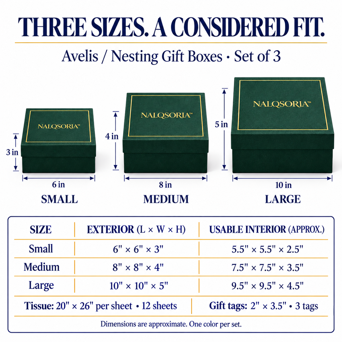 NALQSORIA™ Avelis Nesting Gift Boxes with Lids — Set of 3 Decorative Square Holiday Boxes in Graduated Sizes for Christmas, Birthdays & Keepsake Storage