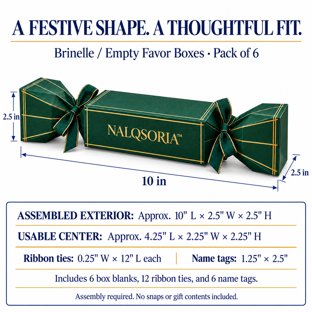 NALQSORIA™ Brinelle Cracker-Style Favor Boxes — 6-Pack Empty Holiday Table Gift Packaging with Ribbon Ties & Name Tags for Christmas Dinners & Parties