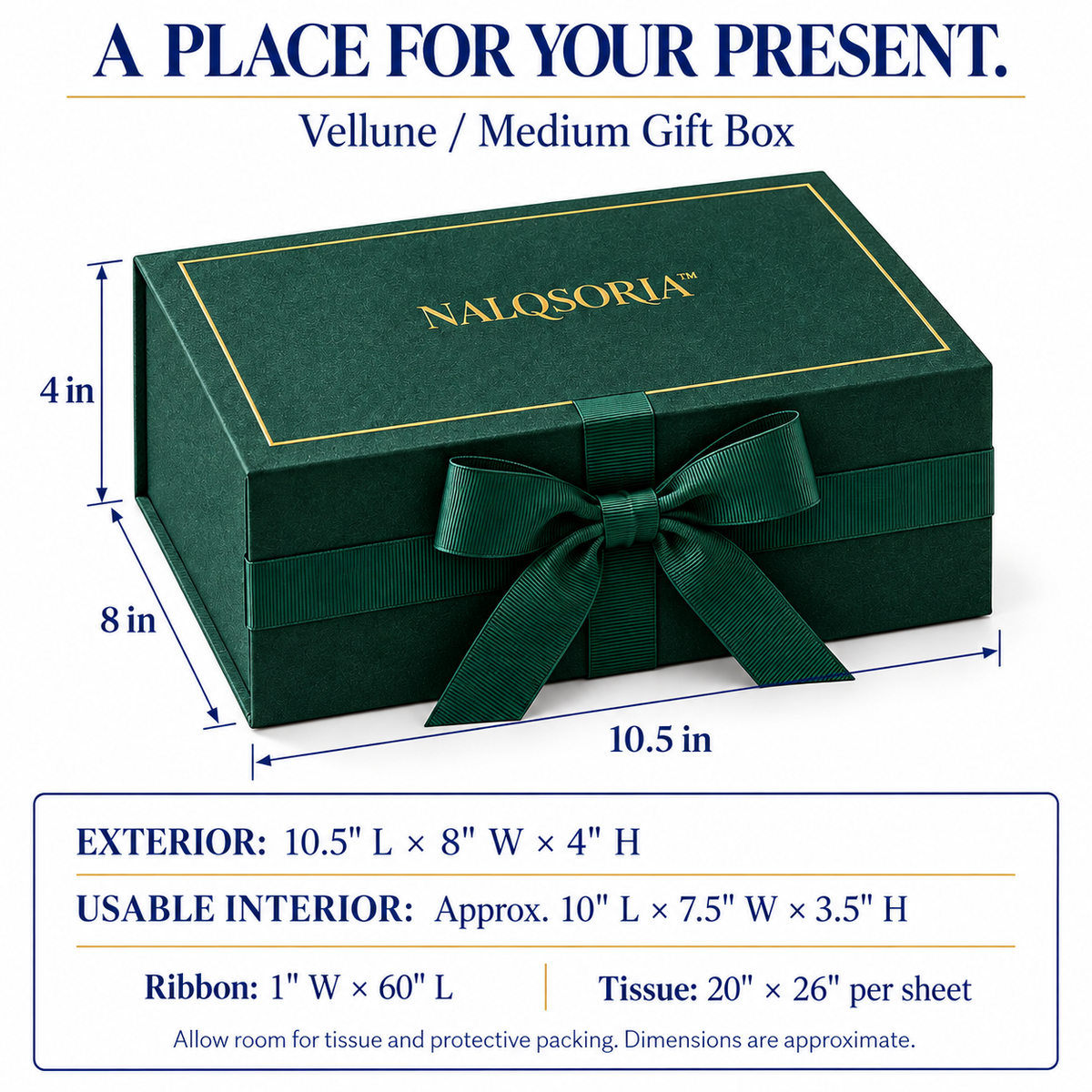 NALQSORIA™ Vellune Magnetic Gift Box with Ribbon — 10.5" Decorative Holiday Gift Packaging Set with Tissue Paper, Gift Tag & Note Card for Christmas, Birthdays & Special Occasions