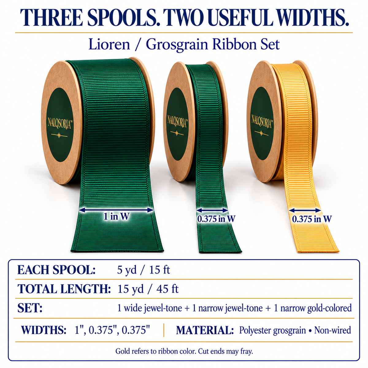 NALQSORIA™ Lioren Grosgrain Gift Ribbon Set — 3 Spools of Decorative Wrapping Ribbon in Two Widths, 15 Yards Total, for Holiday Gift Boxes, Bows & Crafts