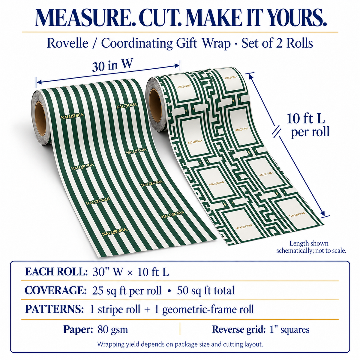 NALQSORIA™ Rovelle Holiday Wrapping Paper Set — 2 Rolls of Coordinating Gift Wrap with Cutting Grids for Christmas, Birthdays & Special Occasions, 50 Sq Ft Total