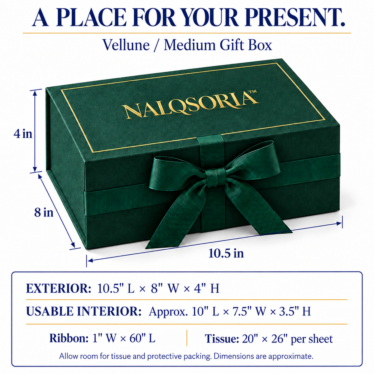 NALQSORIA™ Vellune Magnetic Gift Box with Ribbon — 10.5" Decorative Holiday Gift Packaging Set with Tissue Paper, Gift Tag & Note Card for Christmas, Birthdays & Special Occasions
