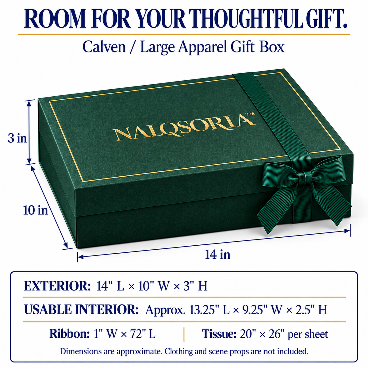 NALQSORIA™ Calven Large Apparel Gift Box with Lid — 14" Decorative Shirt & Scarf Packaging Set with Tissue Paper, Ribbon & Gift Tag for Holiday Presents